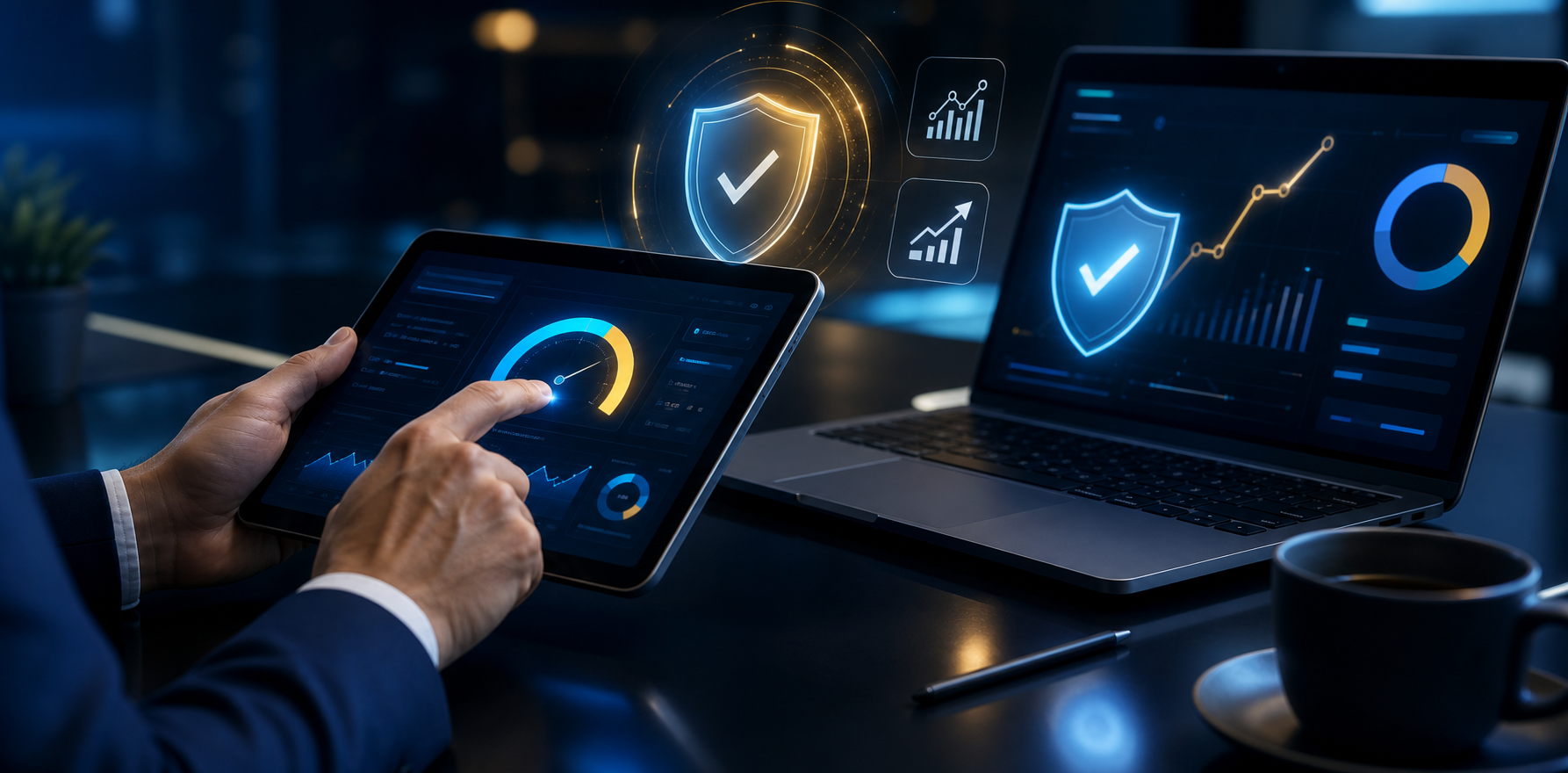 Dashboard financeiro seguro em tablet e notebook